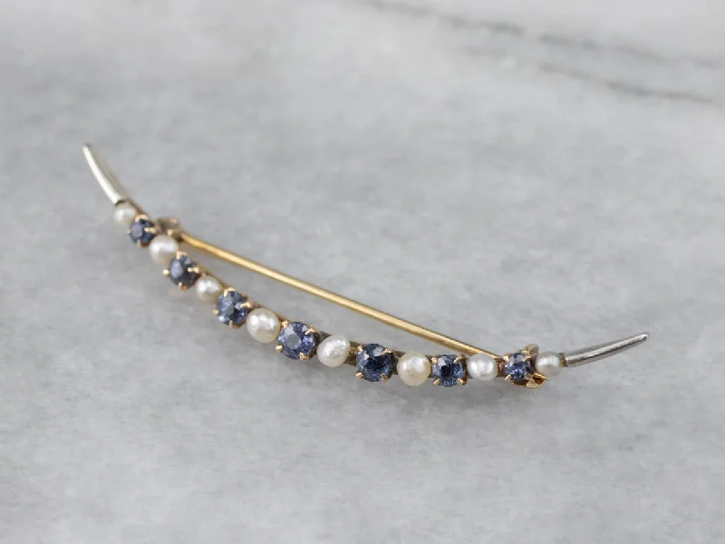 Modern Gemstone Brooch-Art Nouveau Sapphire Pearl Crescent Moon Brooch