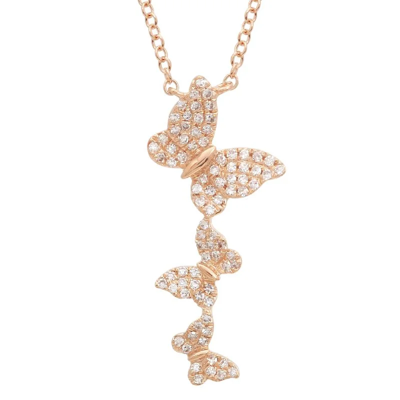 Sparkling Necklaces-14K Rose Gold Diamond Triple Butterfly Necklace