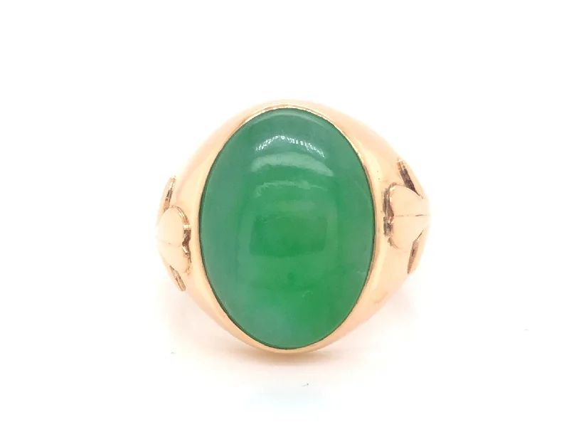 Gold Plated Rings-Vintage Men's Oval Cabochon Large Green Jade Ring 14k Yellow Gold