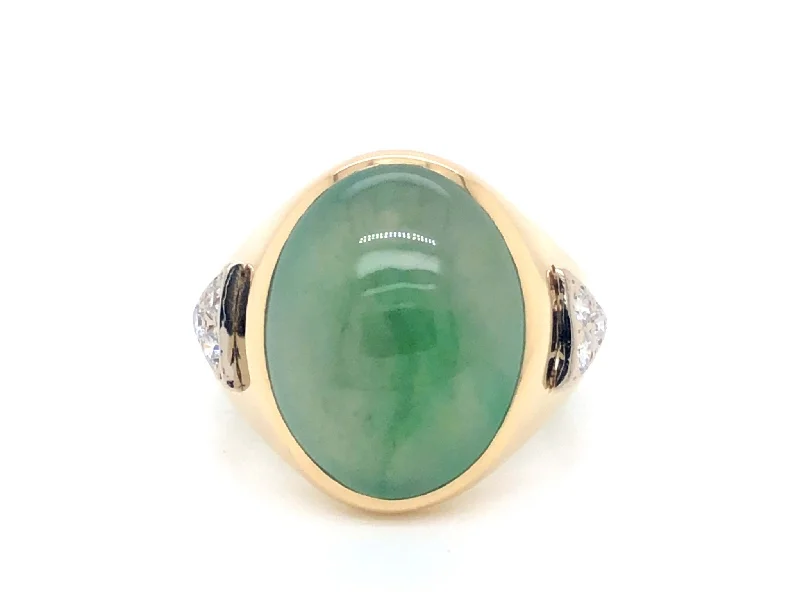 Handmade Rings-Men's Oval Green Water Jade and 6 Diamond Ring - 14k Yellow Gold