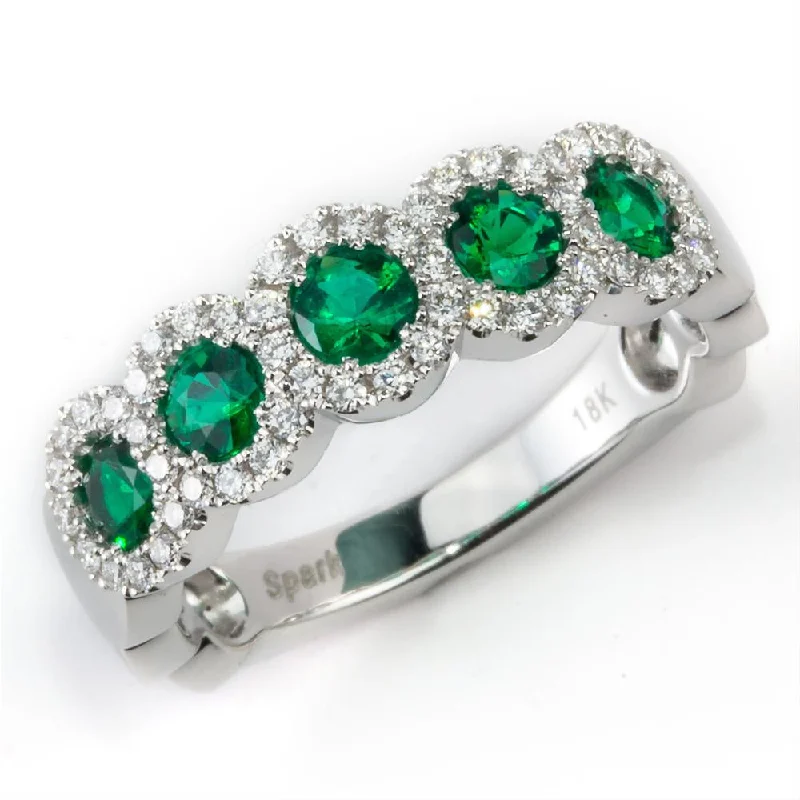 Big Diamond Rings-Emerald & Diamond Halo Five Stone Ring Band 18K White Gold