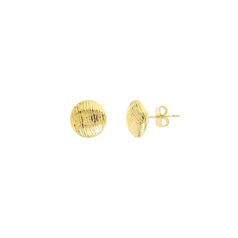 Handcrafted Earrings-Ridged Button Stud Earrings in 14K Yellow Gold, 11mm