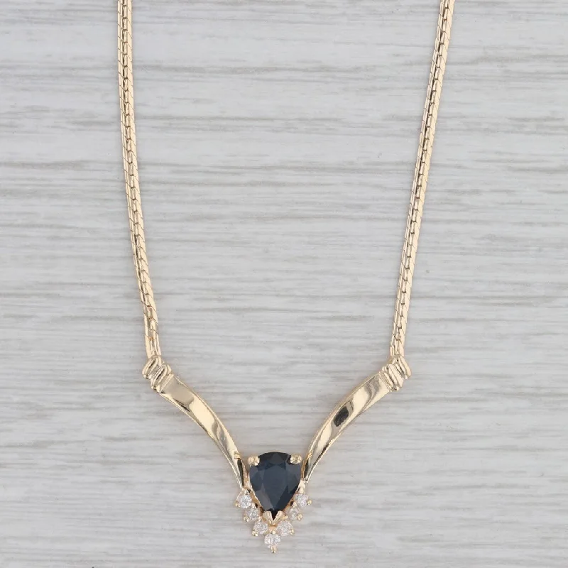 Engraved Necklaces-1.18ctw Blue Sapphire Diamond V Necklace 14k Yellow Gold 17" Herringbone Chain