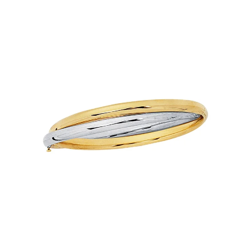 Small Bangles-14kt 7" Yellow+White Gold Shiny Fancy Double Two Tone Bangle with Clasp BG124-07