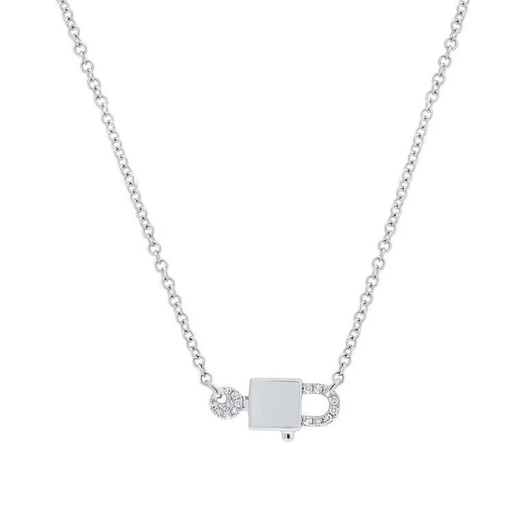 Adjustable Chain Necklaces-14K White Gold Diamond Lock & Key Necklace