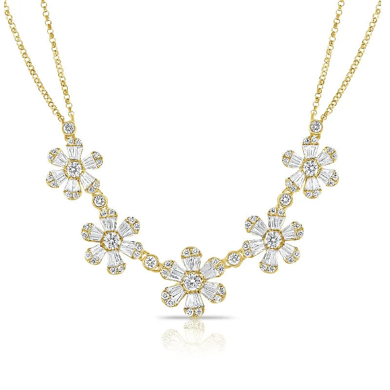 Mixed Metal Necklaces-14K Yellow Gold Baguette Diamond (5) Flower Necklace