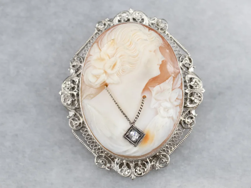 Elegant Silver Brooch-Art Deco Diamond Cameo Brooch or Pendant