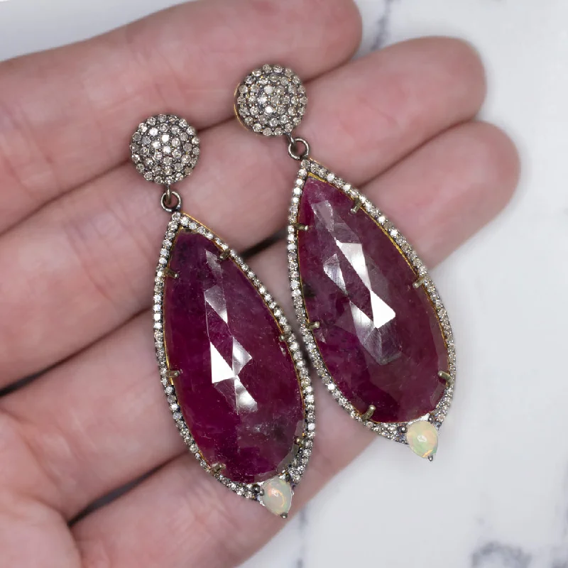 Silver Dangle Earrings-NATURAL RUBY DIAMOND EARRINGS STATEMENT DROP DANGLE PEAR TEARDROP RED BIG LONG