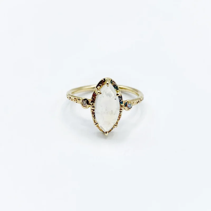 Citrine Rings-Marquise Moonstone Set in 14 Karat Yellow Gold with 2 Diamonds