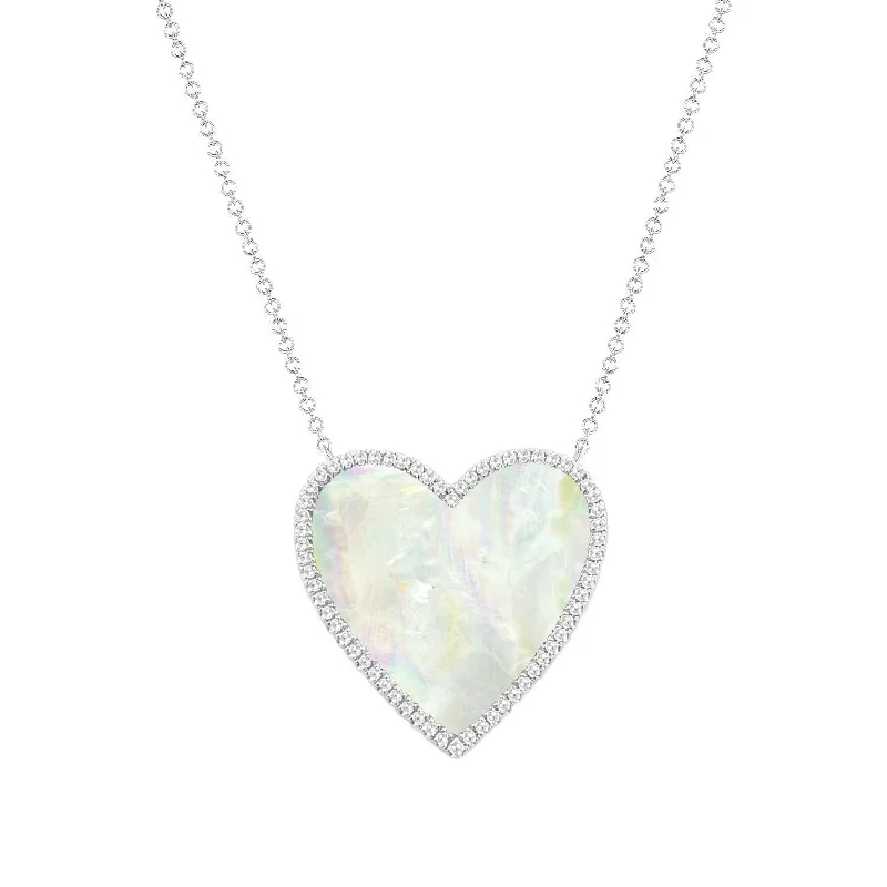 Long Gold Necklaces-14K White Gold Diamond + Mother Of Pearl Large Heart  Necklace