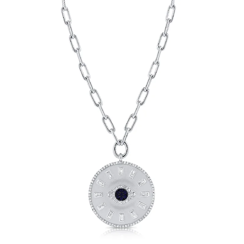 Heart Necklaces-14K White Gold Diamond + Sapphire Evil Eye Coin Necklace