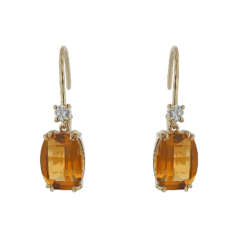 Citrine Earrings-Citrine and Diamond Drop Earrings in 14K Yellow Gold