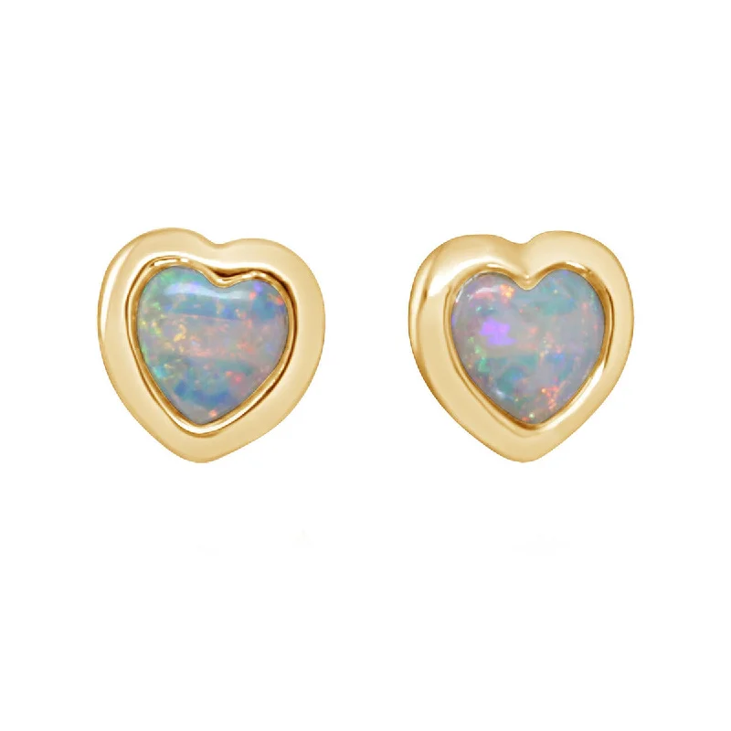 Ruby Earrings-14K Yellow Gold Heart Shaped Australian Opal Stud Earrings