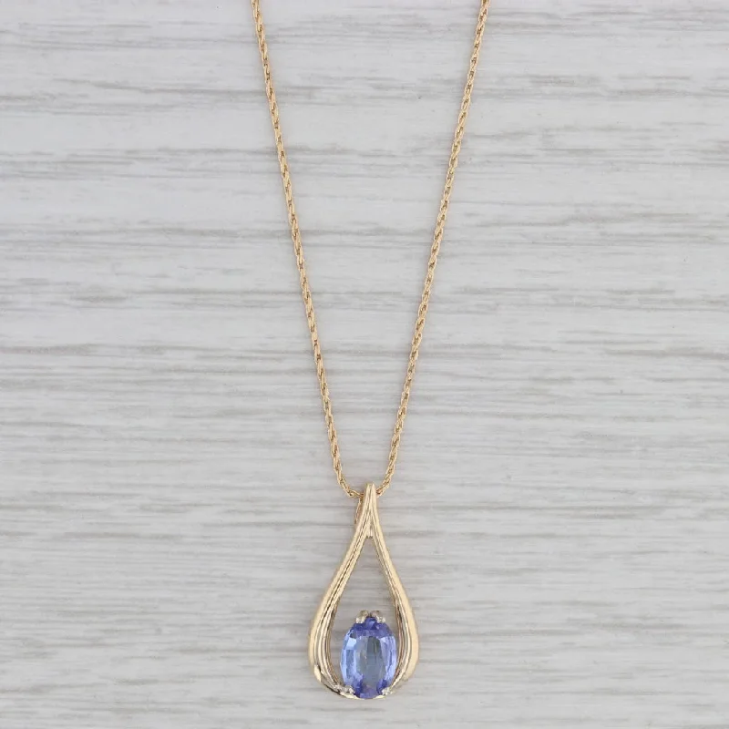 Pink Sapphire Necklaces-1.25ct Tanzanite Teardrop Pendant Necklace 14k Yellow Gold 16" Wheat Chain