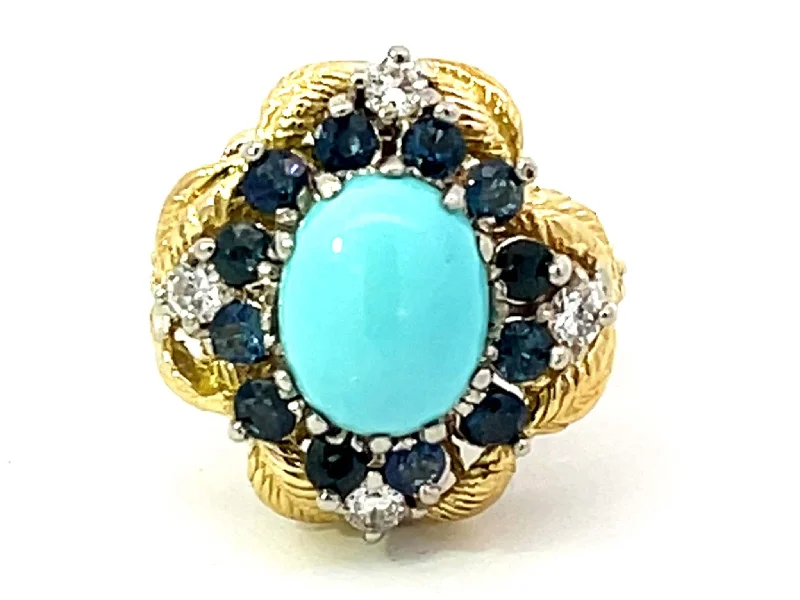 Round Cut Rings-Vintage Turquoise Sapphire and Diamond Ring in 18k Yellow Gold