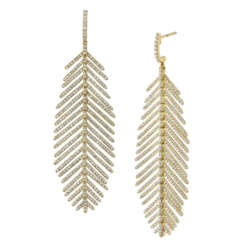 Fancy Drop Earrings-18k Yellow Gold Diamond Feather Drop Earrings