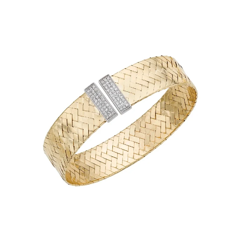 Stackable Bangles-14K Yellow Gold .50CT Diamond Basketweave Wide Cuff Bangle TBG8341