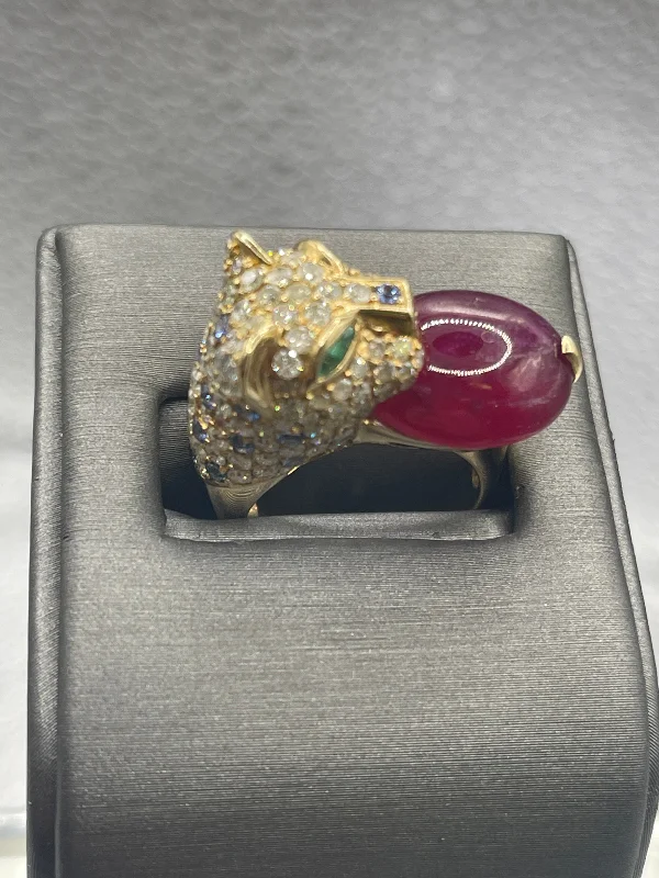 Wedding Set Rings-Ladies / Gents Spectacular Leopard Ring With Diamonds, Sapphires & Oriental Ruby