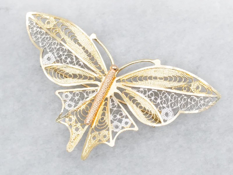 Leaf Brooch-Pretty Gold Filigree Butterfly Brooch