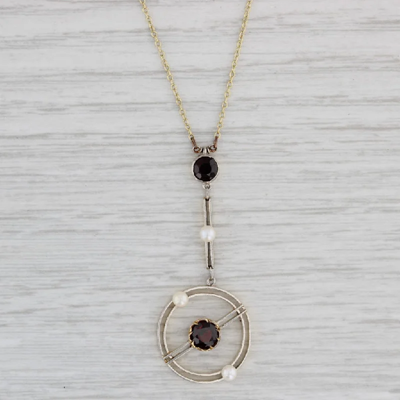 Chunky Necklaces-Antique 1ct Garnet Pearl Lariat Necklace 15k Gold Platinum 18.25" Cable Chain