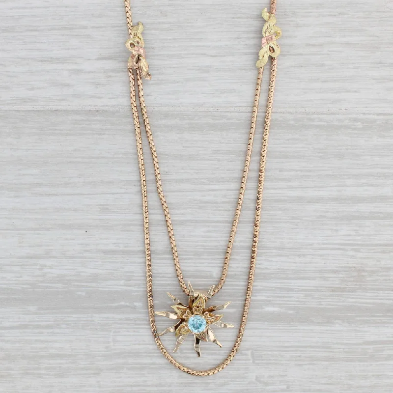 Vintage Necklaces-Vintage 0.80ct Blue Zircon Flower Pendant Necklace 10k Gold 20.5" Box Chain