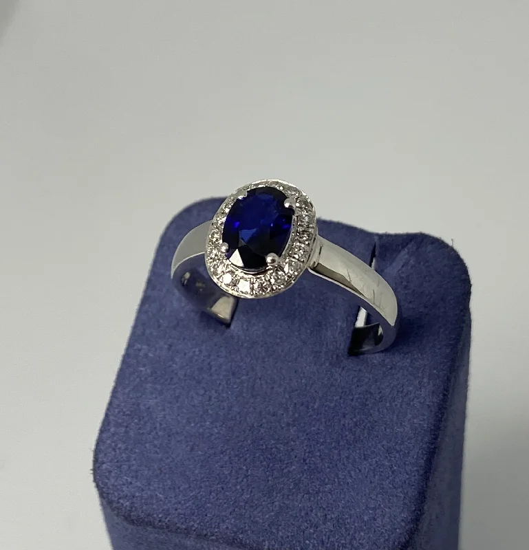 Handcrafted Rings-White Gold Oval-Shape Natural Sapphire and Diamond Ring