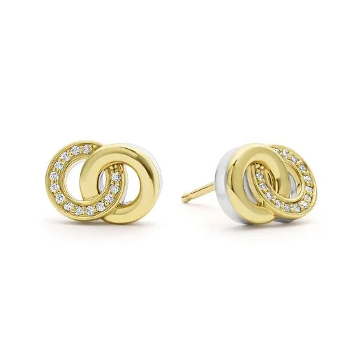 Rose Gold Earrings-Signature Caviar 0.11Ct Diamond Interlocking Circle Stud Earrings in 18K Yellow Gold and Sterling Silver