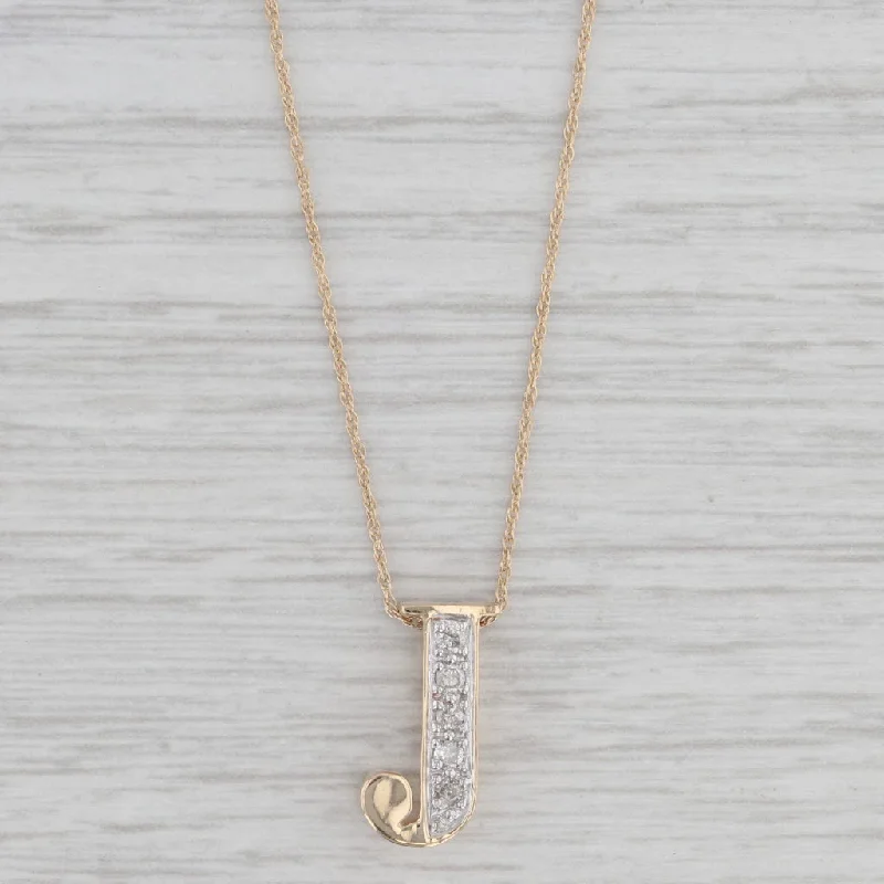 Geometric Silver Necklaces-0.15ctw Diamond Letter Initial J Pendant Necklace 14k Yellow Gold 18"Rope Chain