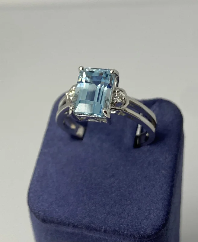 Classic Engagement Rings-White Gold Emerald-Cut Natural Aquamarine and Diamond Ring