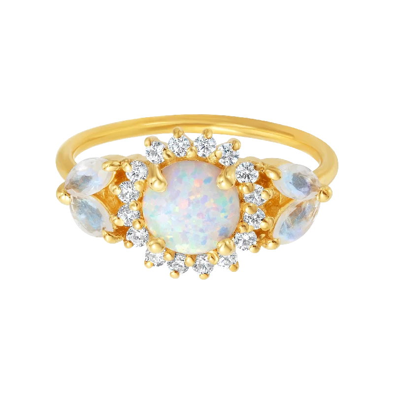 Gemstone Solitaire Rings-Opal & Diamond Sunflower Queen Ring