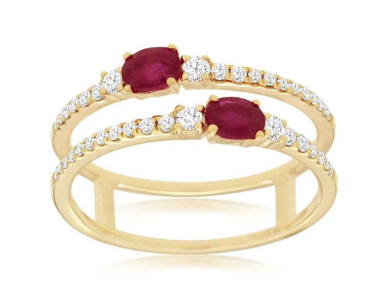 Cocktail Rings-Diamond & Ruby Two Row Ring