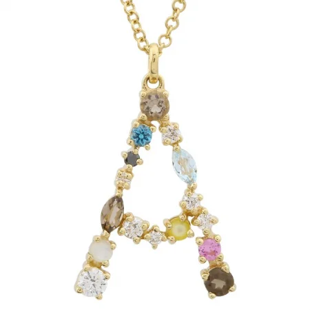 Personalized Pendant Necklaces-14K Yellow Gold Multi Color Stones Initial "A" Necklace