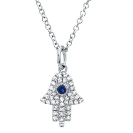 Boho Necklaces-14K White Gold Diamond + Sapphire Hamsa Necklace