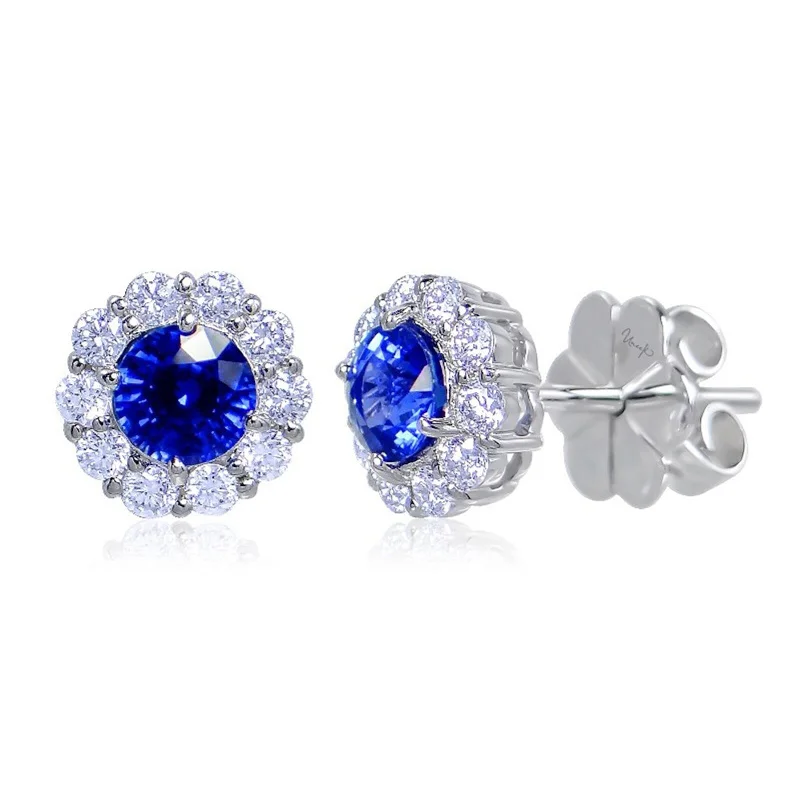 Stylish Earrings-Round Blue Sapphire and Round Diamond Stud Earrings in 18K White Gold