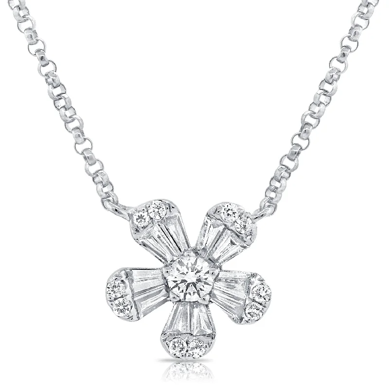 Silver Choker Necklaces-14K White Gold Diamond Small Flower Necklace