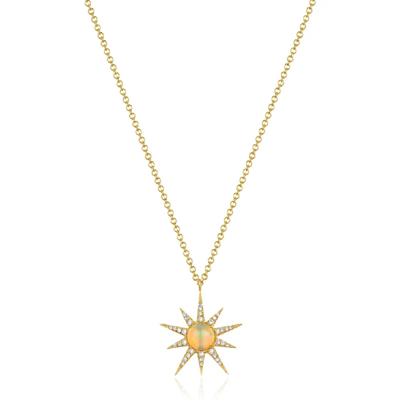 Pink Gold Necklaces-14K Yellow Gold Diamond + Opal Sunburst Pendant