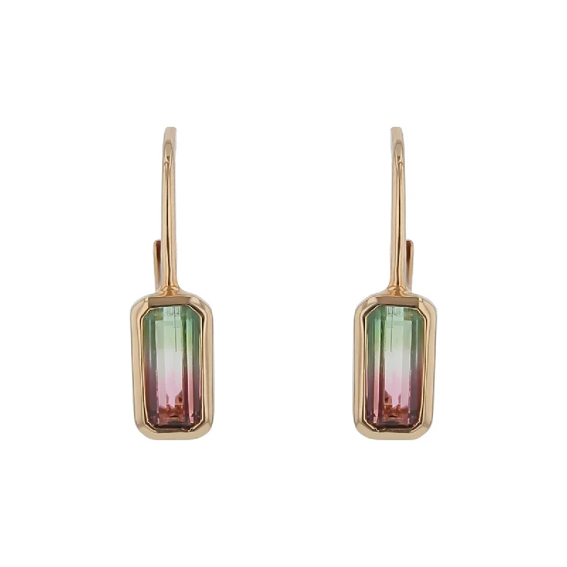 Birthday Earrings-1.10Ct Bi-Color Tourmaline Bezel Drop Earrings in 14k Yellow Gold