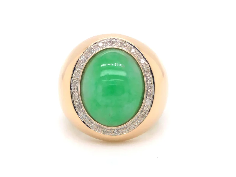 Sapphire Rings-Men's Oval Light Green Jade and Diamond Halo Ring - 14k Yellow Gold