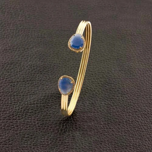 Plain Silver Bangles-Sapphire & Diamond Open Bangle Bracelet