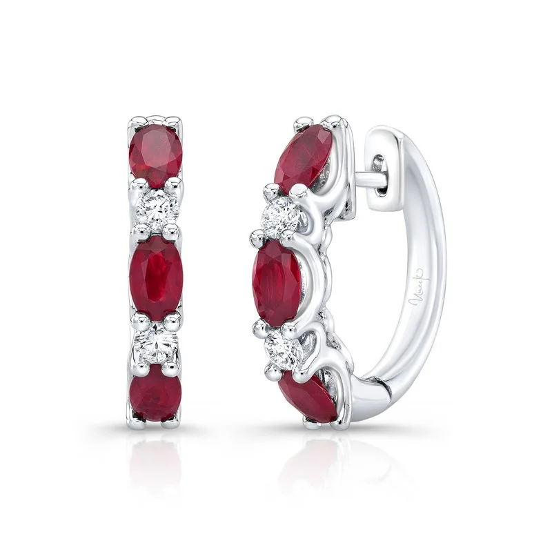 Crystal Drop Earrings-4 0.27ct Round Diamonds and 6 1.70ct Oval Rubies 1-1 Alternating Hoop Earrings in 18K White Gold