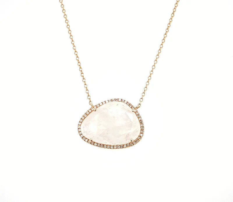 Thin Necklaces-14K Rose Gold Round Diamond + Moonstone Freeform Necklace