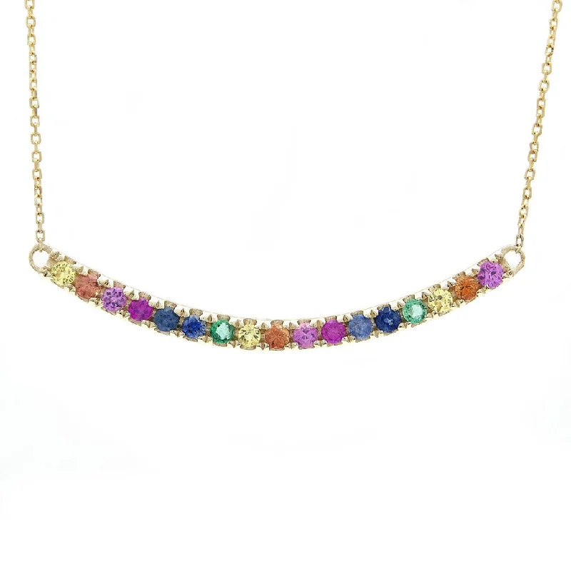 Yellow Gold Necklaces-14K Yellow Gold Multi Sapphire Rainbow Curved Necklace