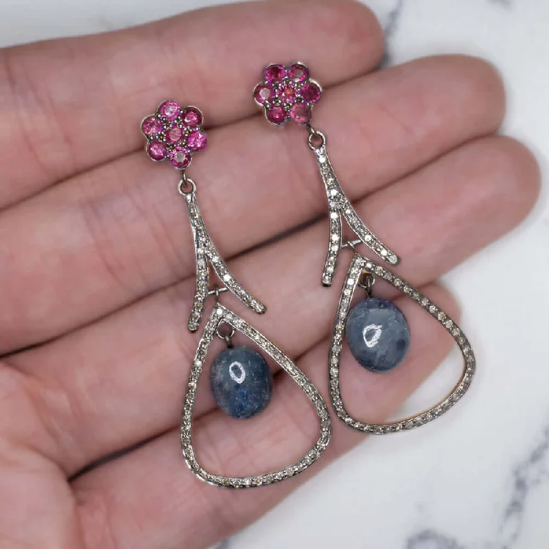 Small Earrings-12ct NATURAL DIAMOND SAPPHIRE RUBY DANGLE EARRINGS BOHO STATEMENT DROP BLUE RED