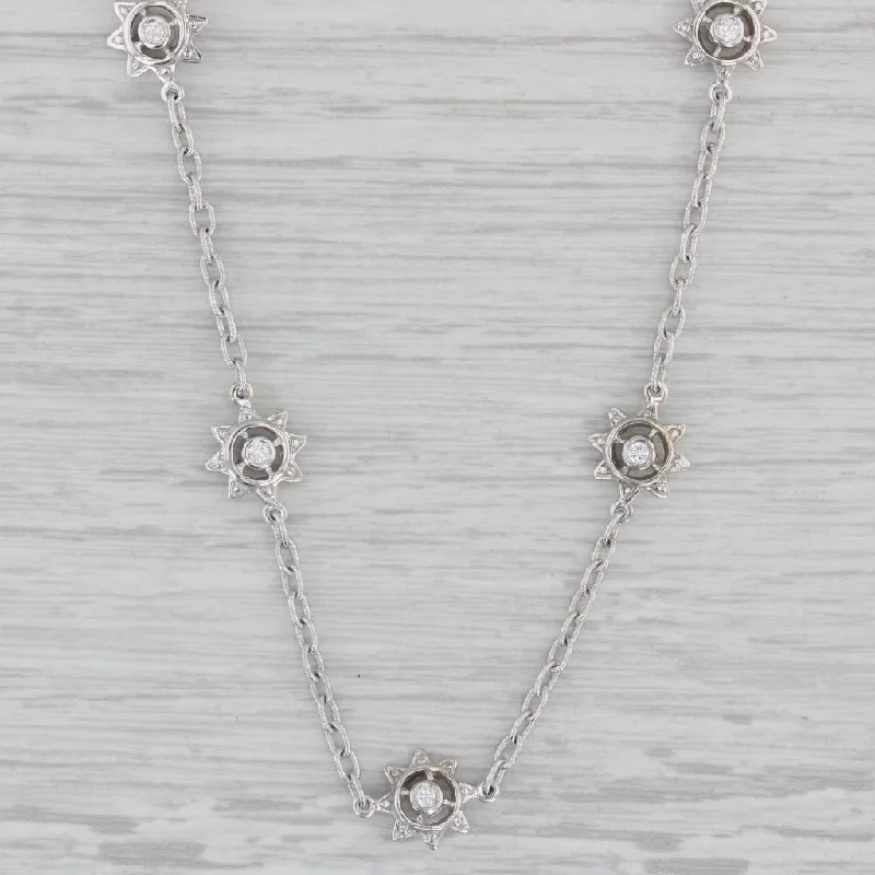 Classic Pendant Necklaces-0.40ctw Diamond Flower Sun Station Necklace 18k White Gold 16.5" Cable Chain