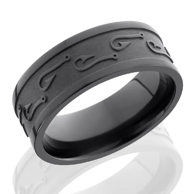 Halo Rings-Lashbrook 8mm Black Zirconium Flat Men's Wedding Band Ring with Fishhook Pattern