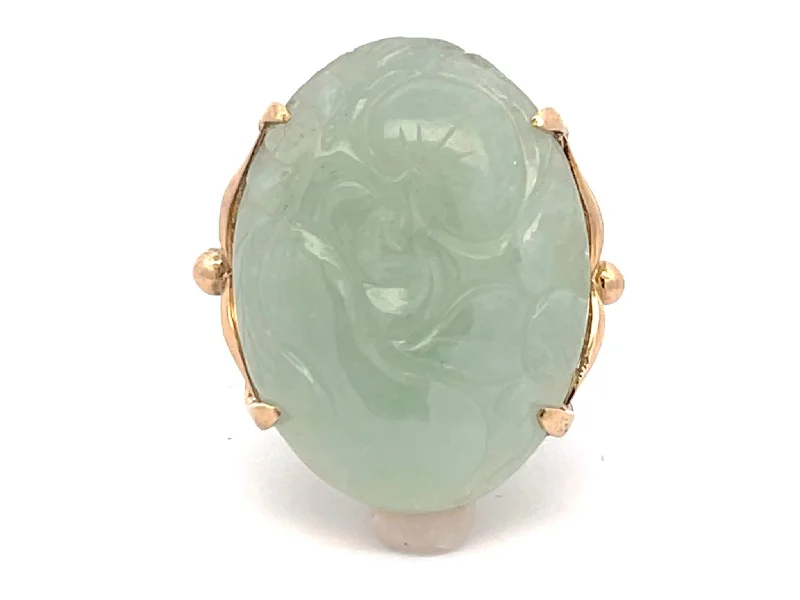 Titanium Rings-Large Oval Carved Cabochon Pale Green Jade Ring in 14k Yellow Gold