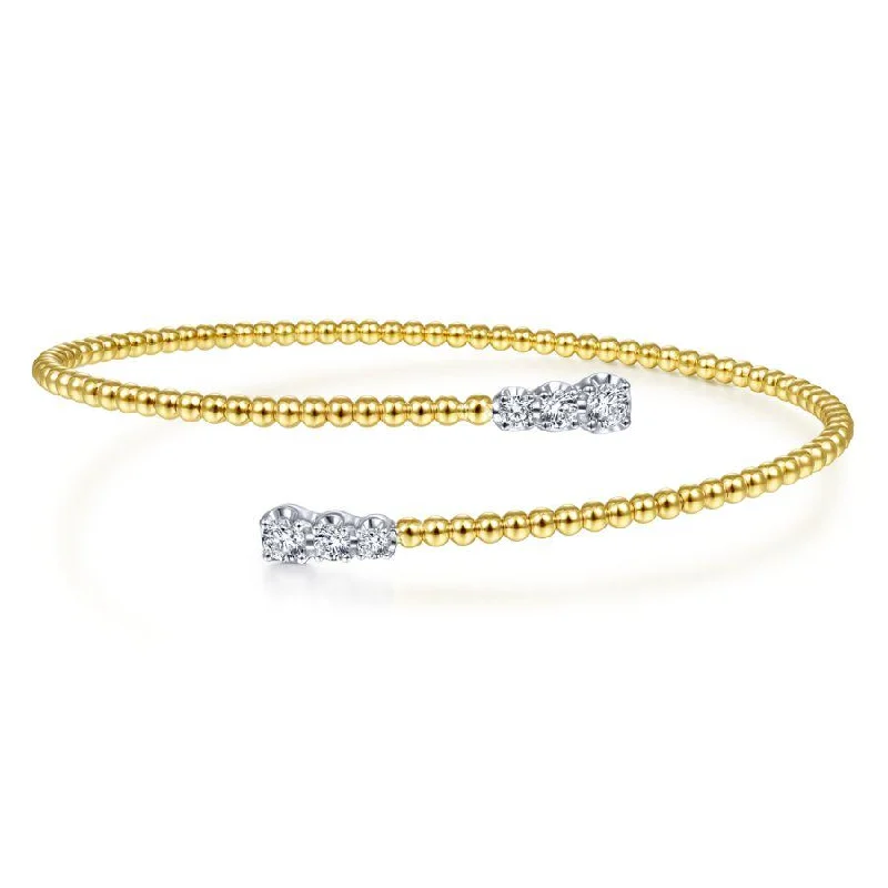 Heart Bangles-Gabriel & Co. - BG4278-62M45JJ - 14K Yellow Gold Bujukan Bead Bypass Bangle with Graduating Diamond Caps