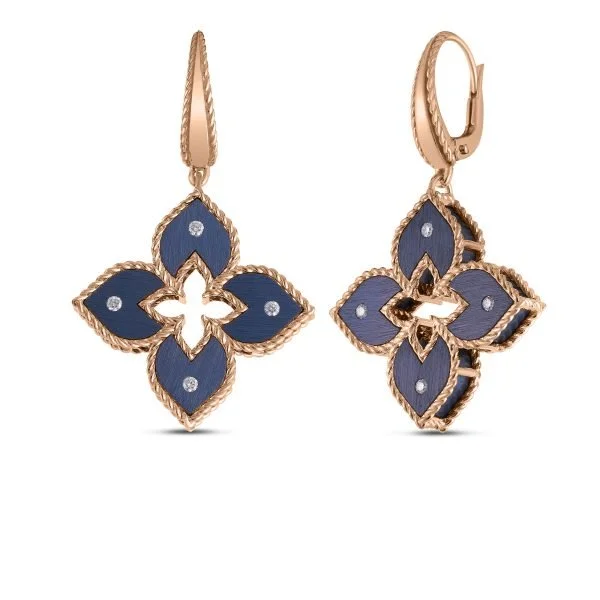 Custom Diamond Earrings-Venetian Princess Diamond Drop Earrings in 18K Rose Gold and Blue Titanium