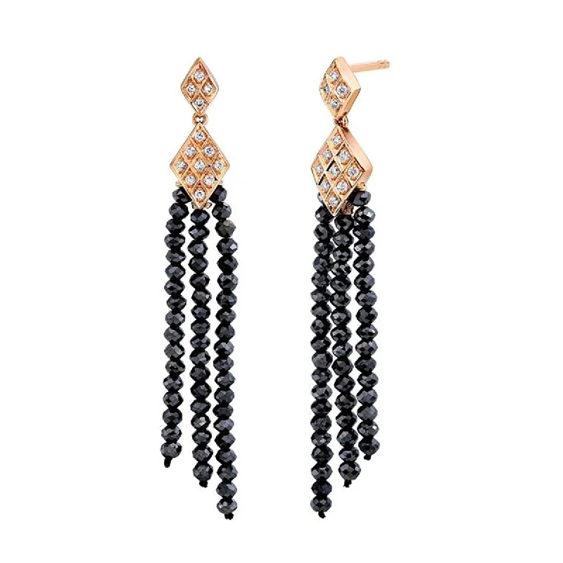 Engagement Earrings-Black Diamond Bead and Diamond Tassel Earrings