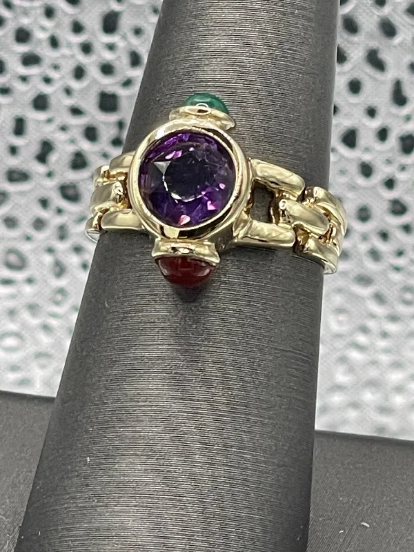 Onyx Rings-14 Karat Yellow Gold Amethyst & Cabochon Carnelian & Green Chalcedony Ring